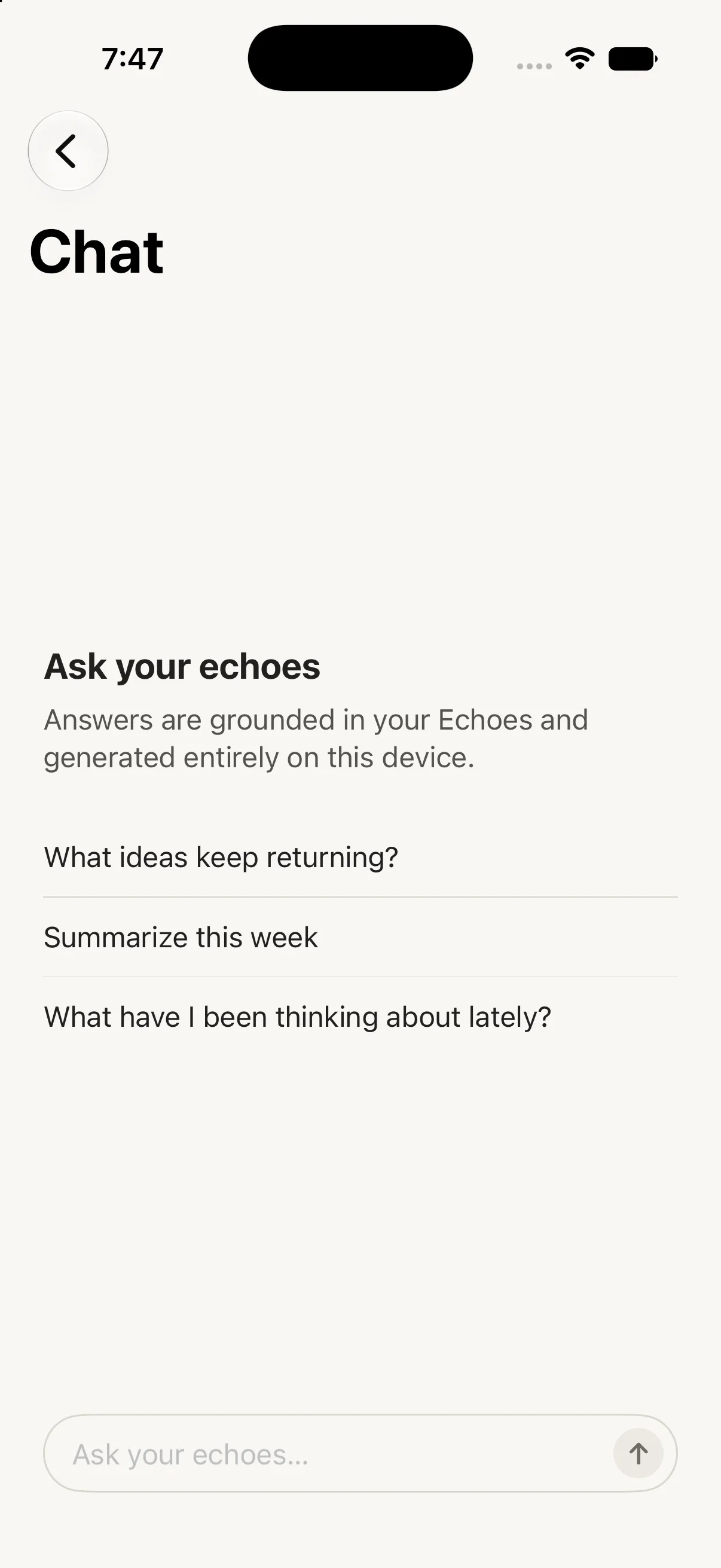 The Echoes chat screen offering to answer questions from your own notes
