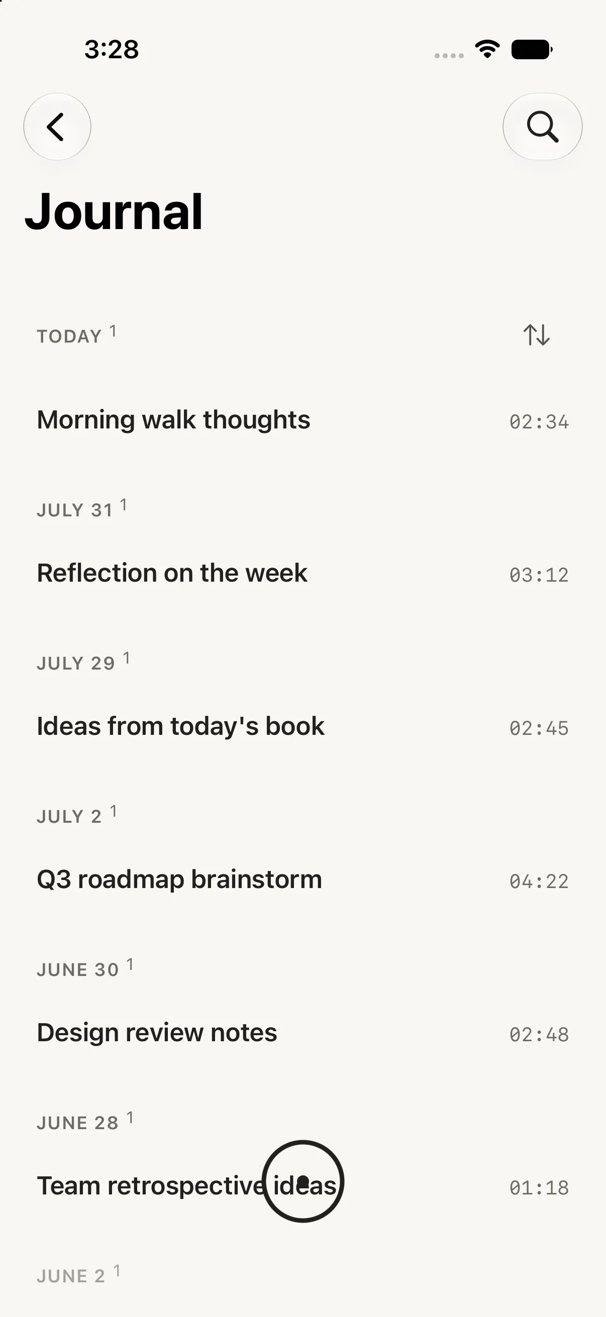 The Echoes journal listing note titles and lengths by day