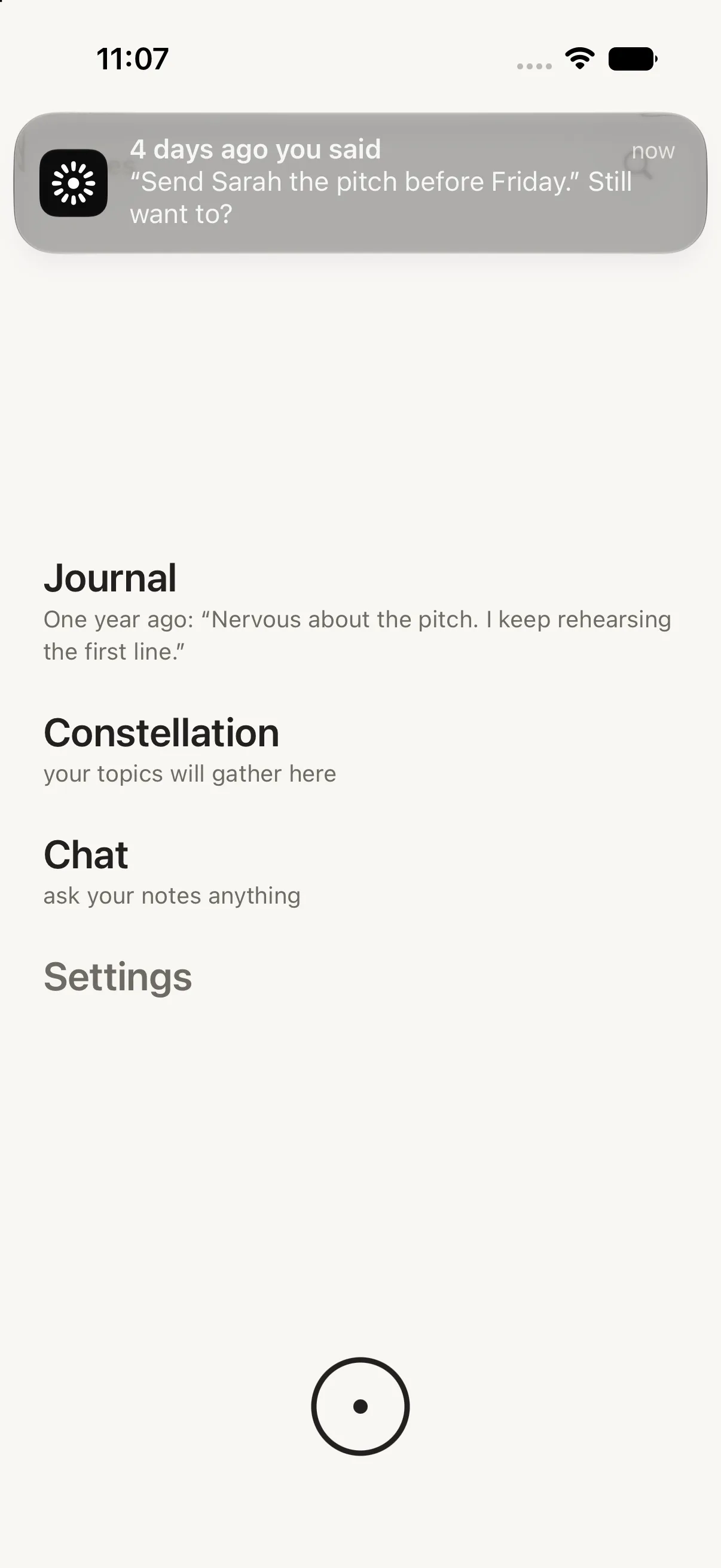 An Echoes reminder quoting a note back: 4 days ago you said, send Sarah the pitch before Friday
