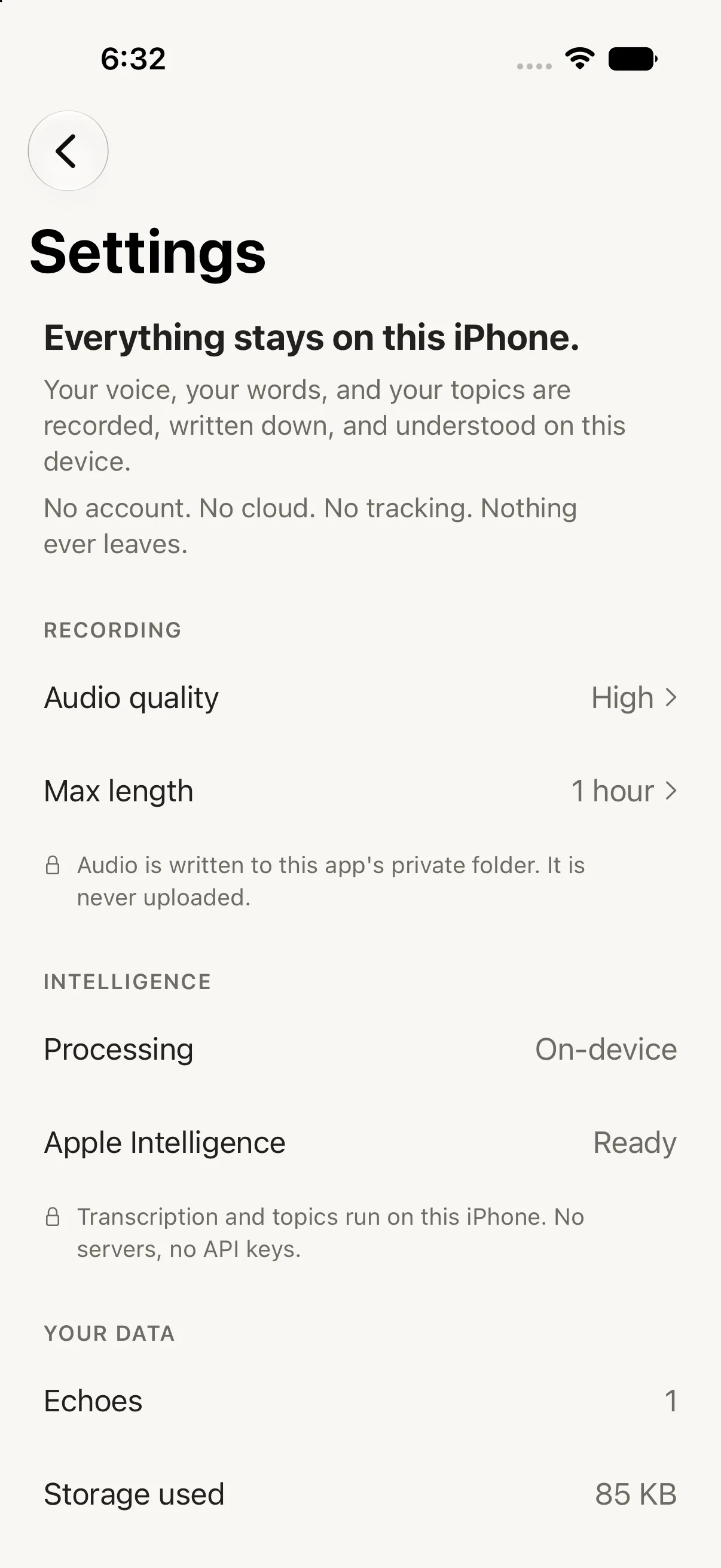 Echoes settings, headed everything stays on this iPhone, showing on-device processing