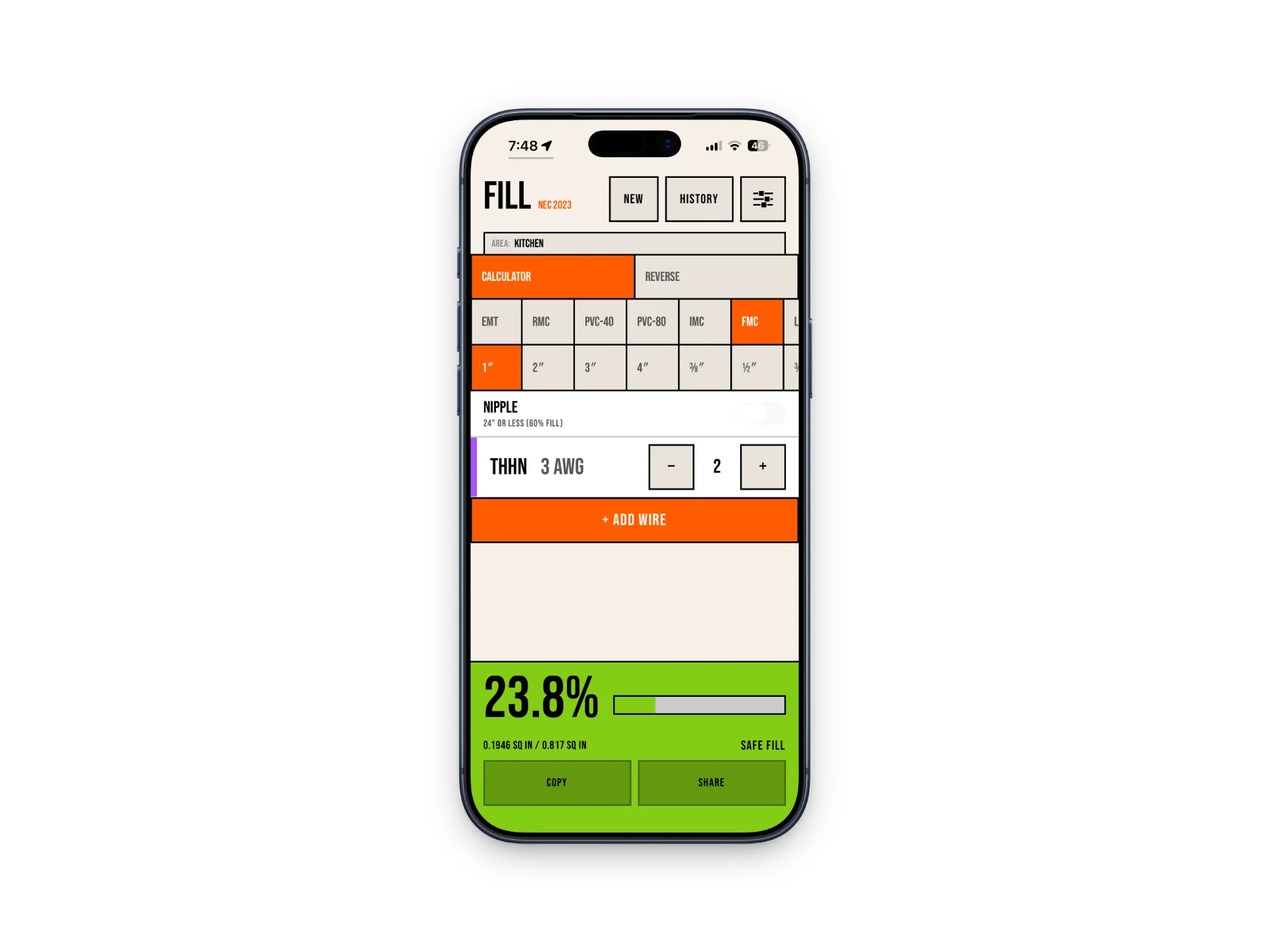 FILL calculator showing a 23.8 percent safe fill result for a job area labeled Kitchen