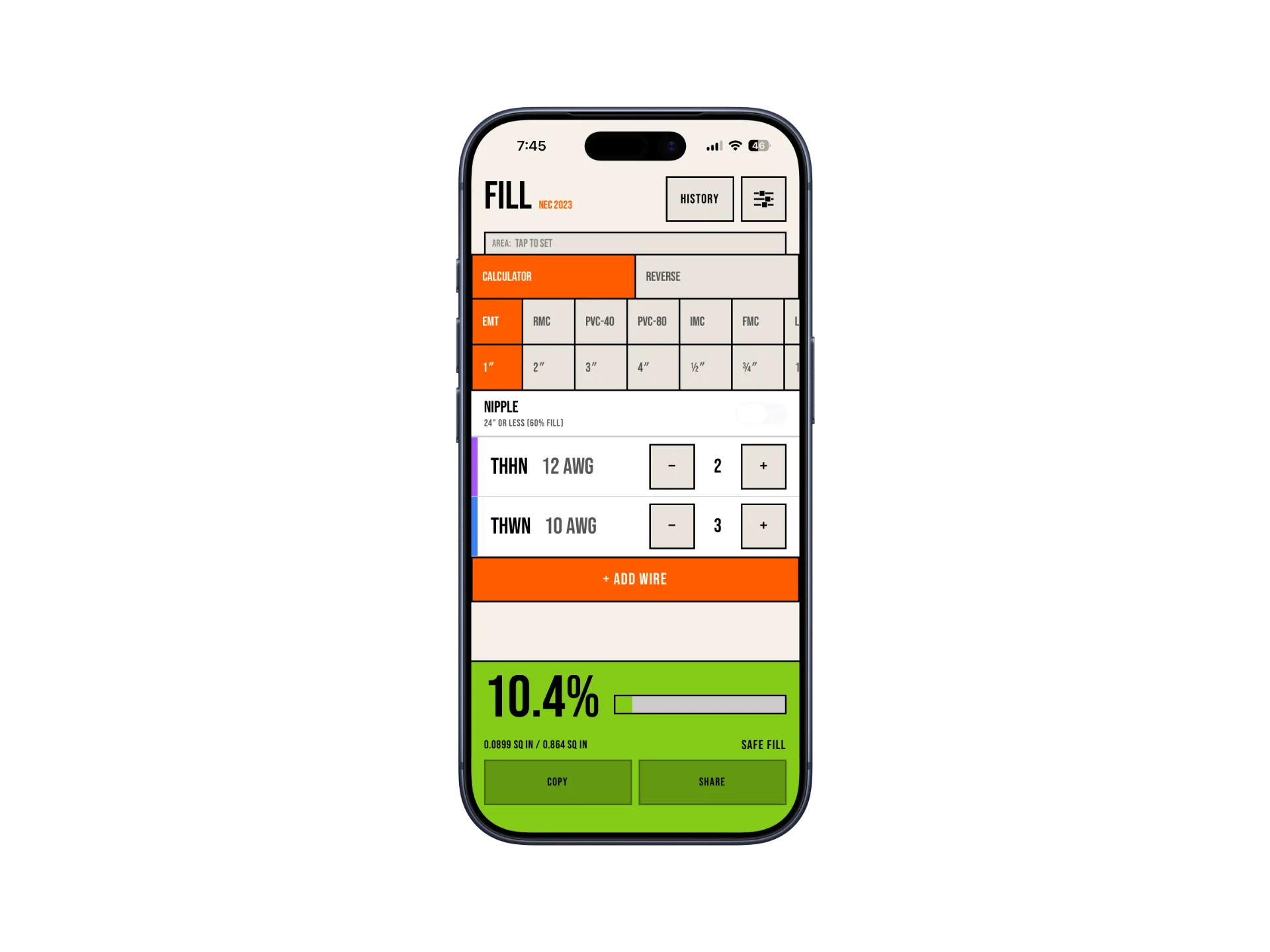 FILL calculator showing 10.4 percent fill for one-inch EMT