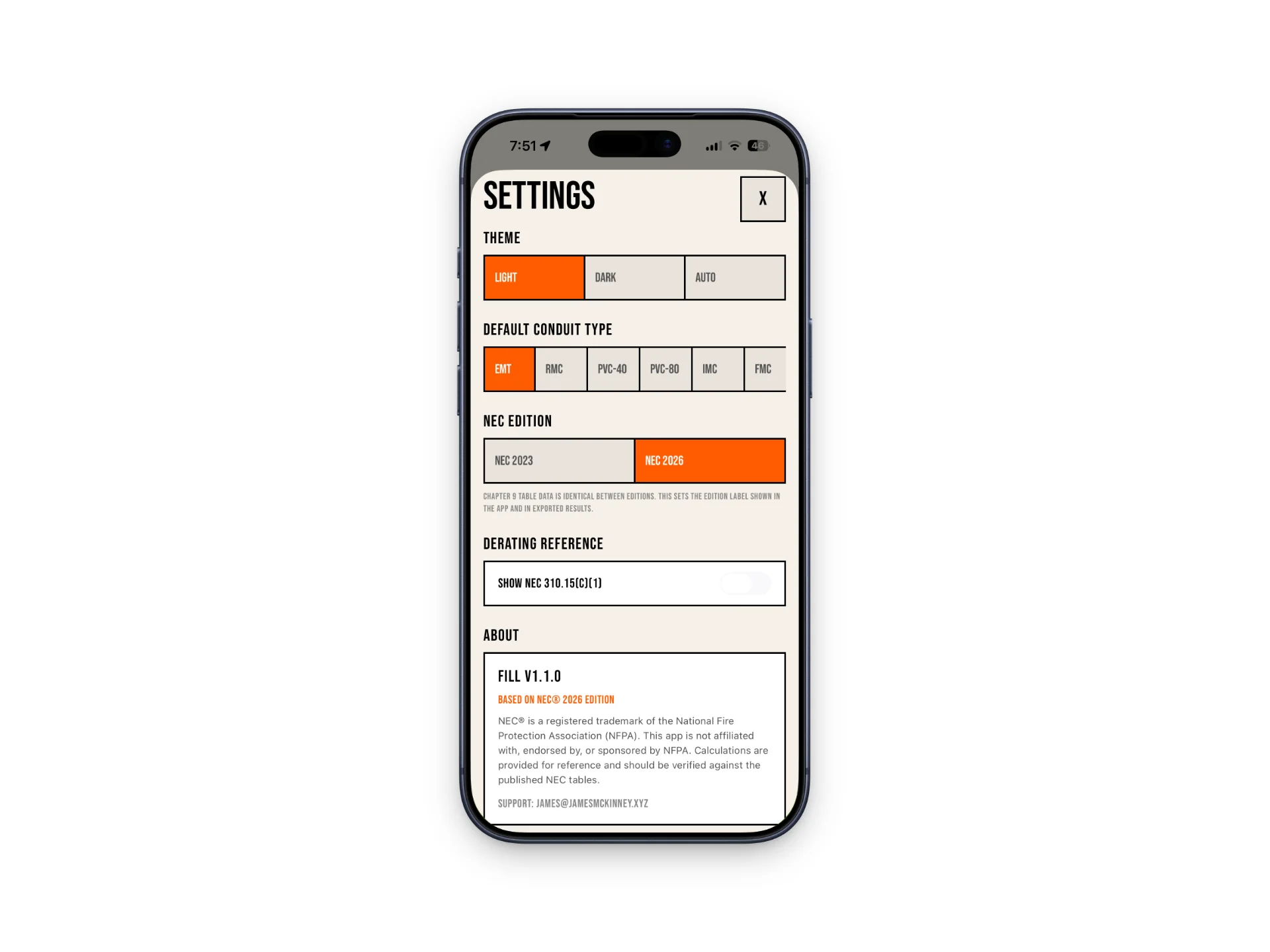 FILL settings with the NEC 2026 edition selected