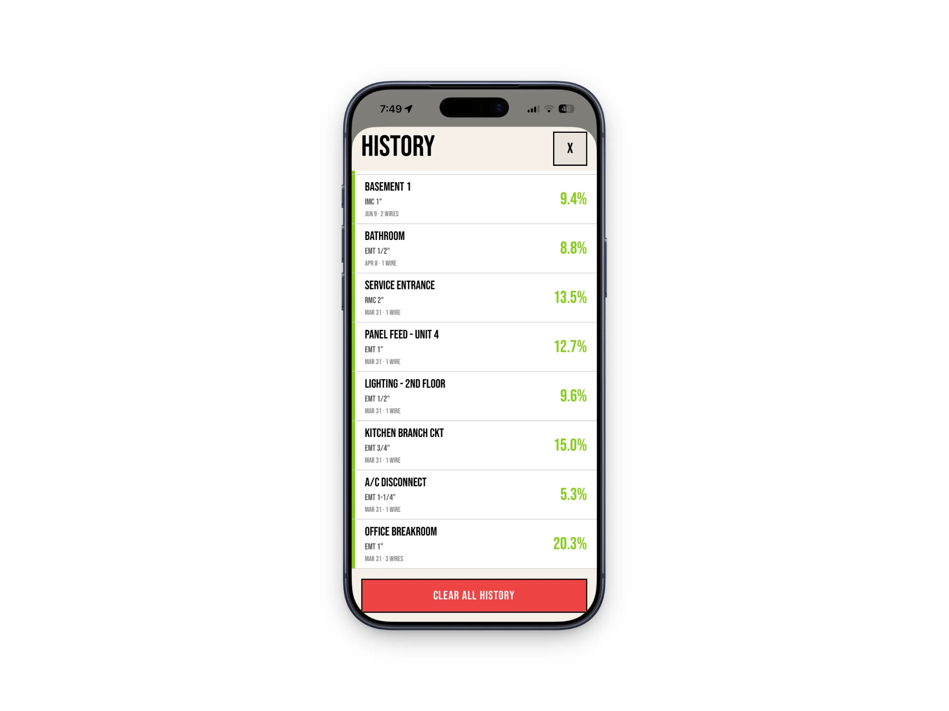 FILL history showing saved calculations labeled by job area