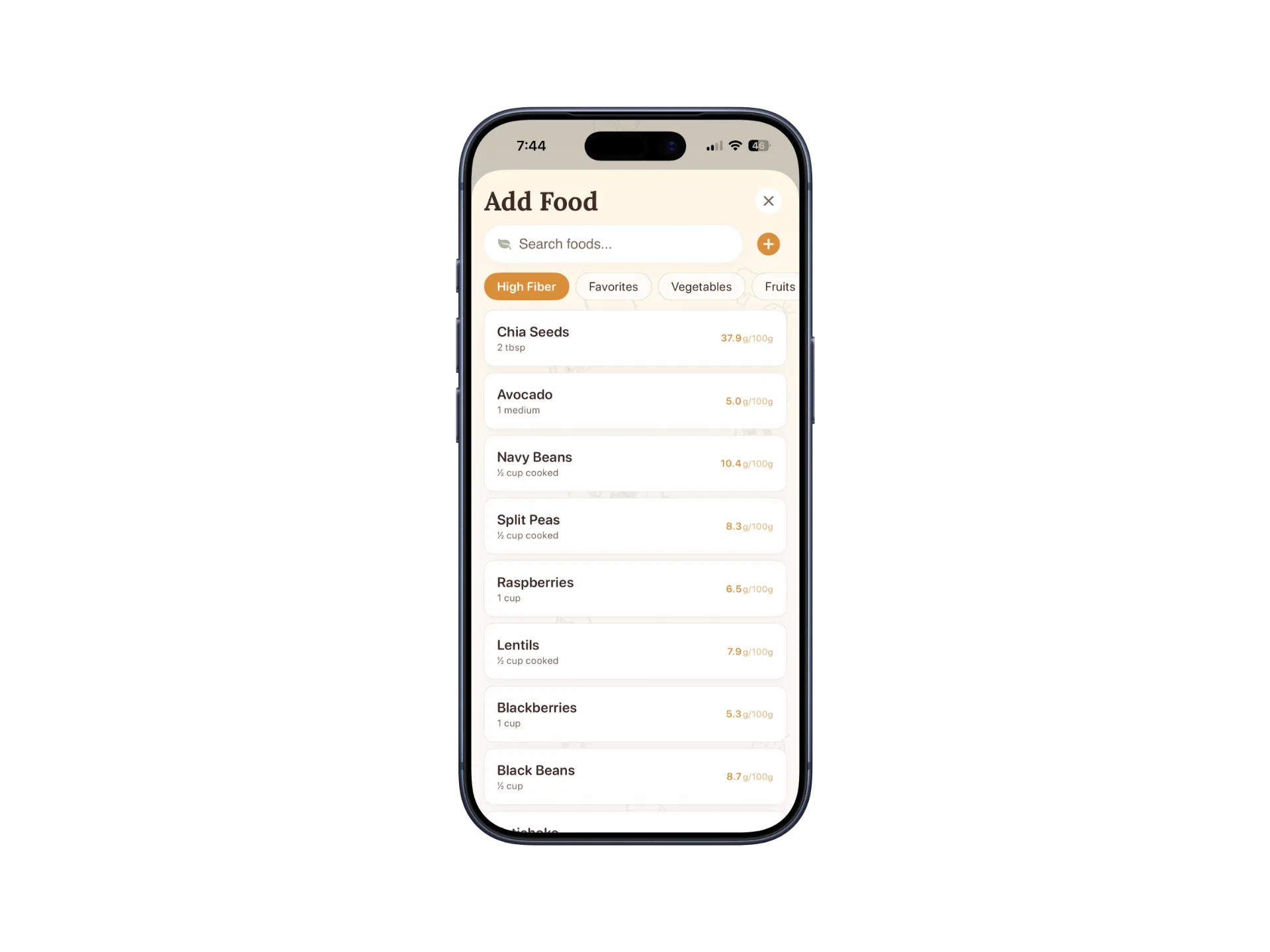 Grove add food screen with high-fiber suggestions