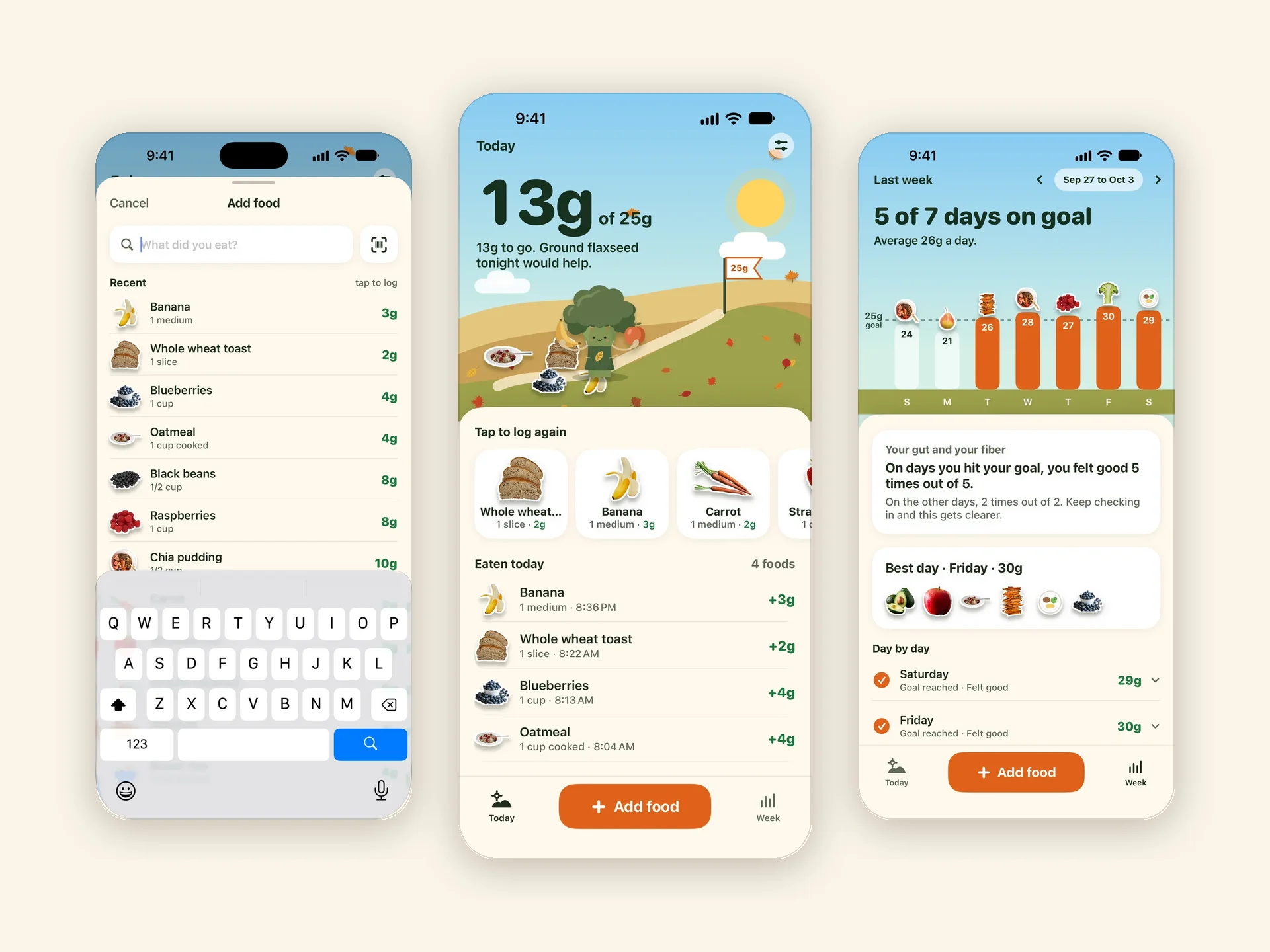 Three Grove screens: adding a food, today's fiber total, and the weekly view