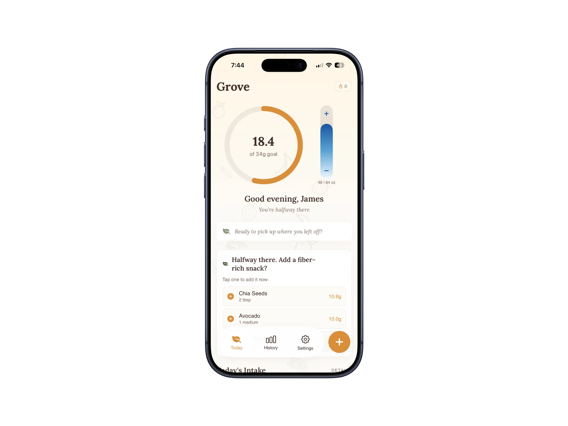 Grove home screen with fiber progress ring