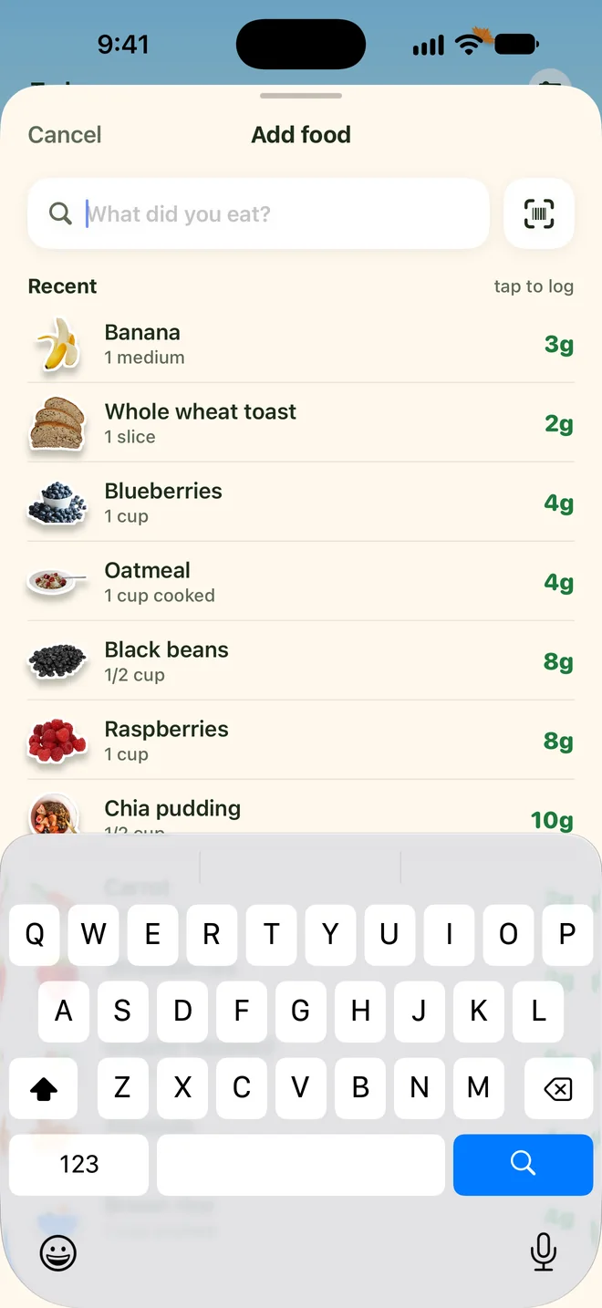 Grove add food screen with search, a barcode button, and recent foods