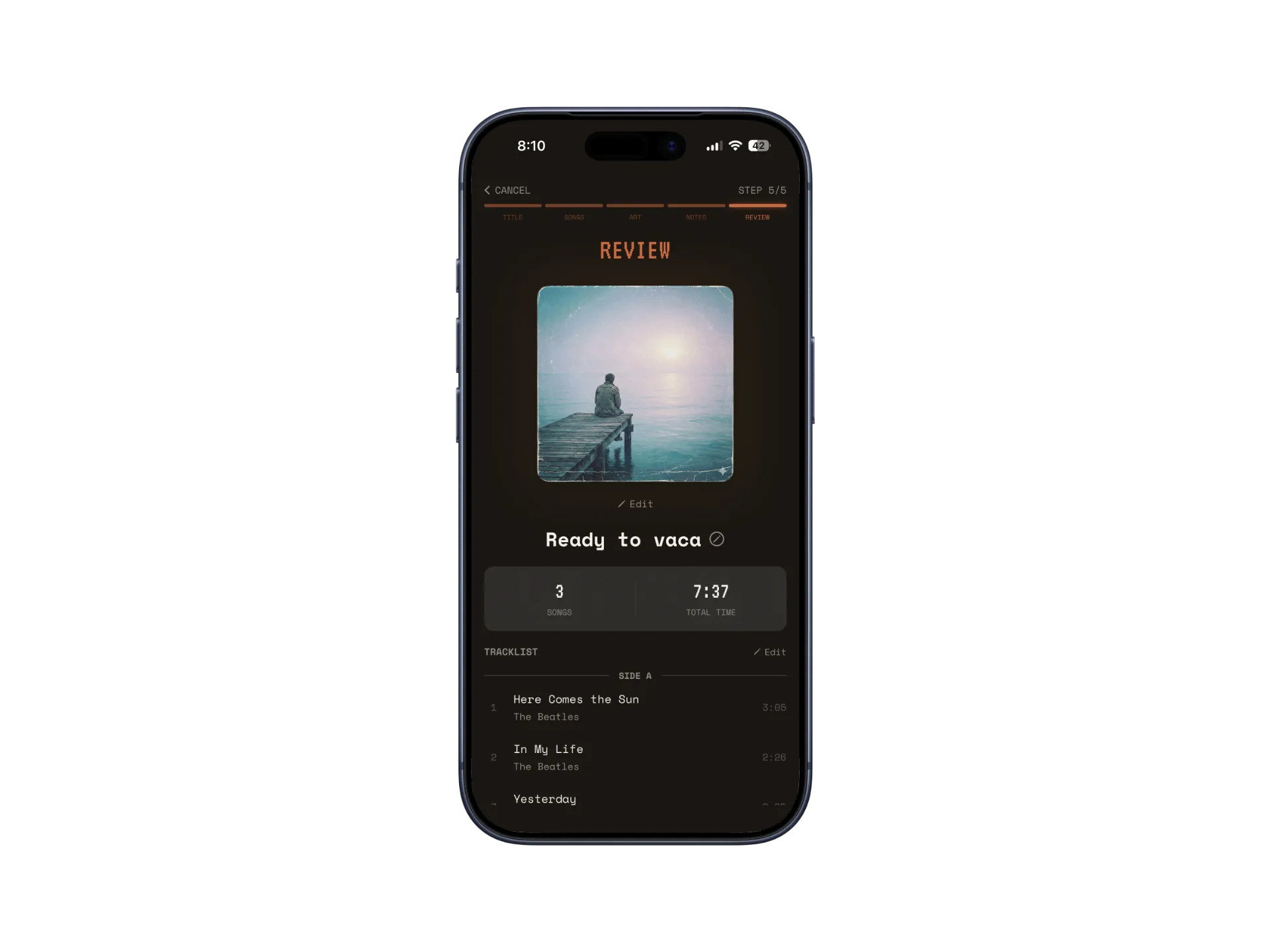 Mixtape review screen with cover art and tracklist
