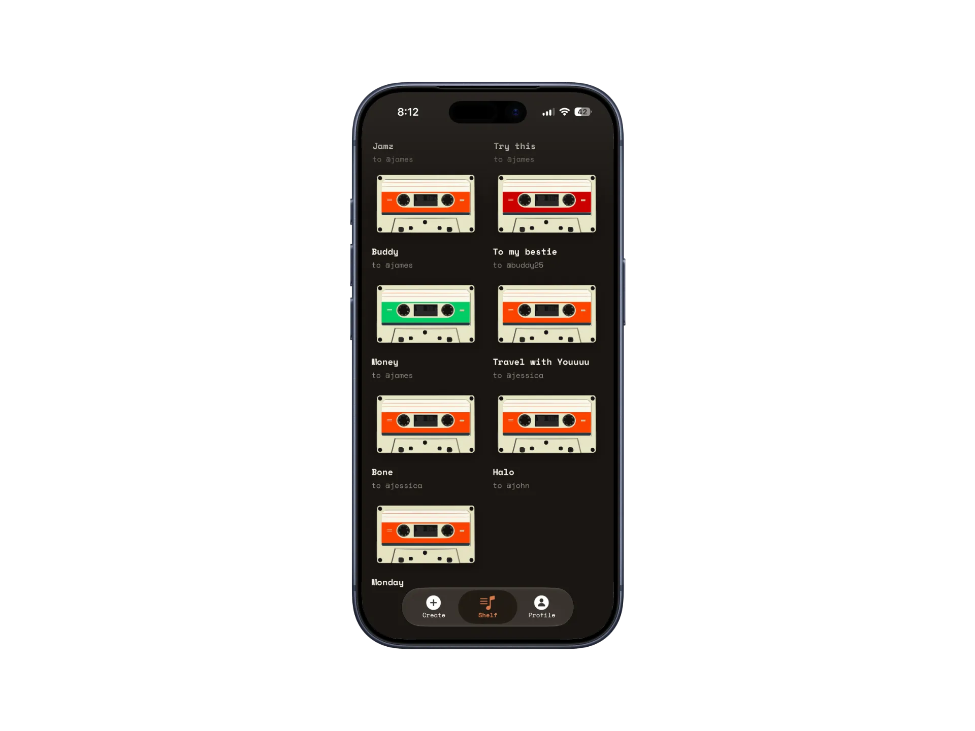 Mixtape shelf showing sent and received cassettes