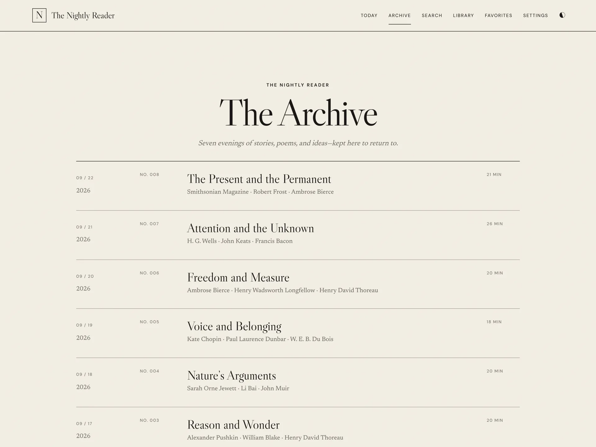 The Nightly Reader archive listing past editions by date and theme