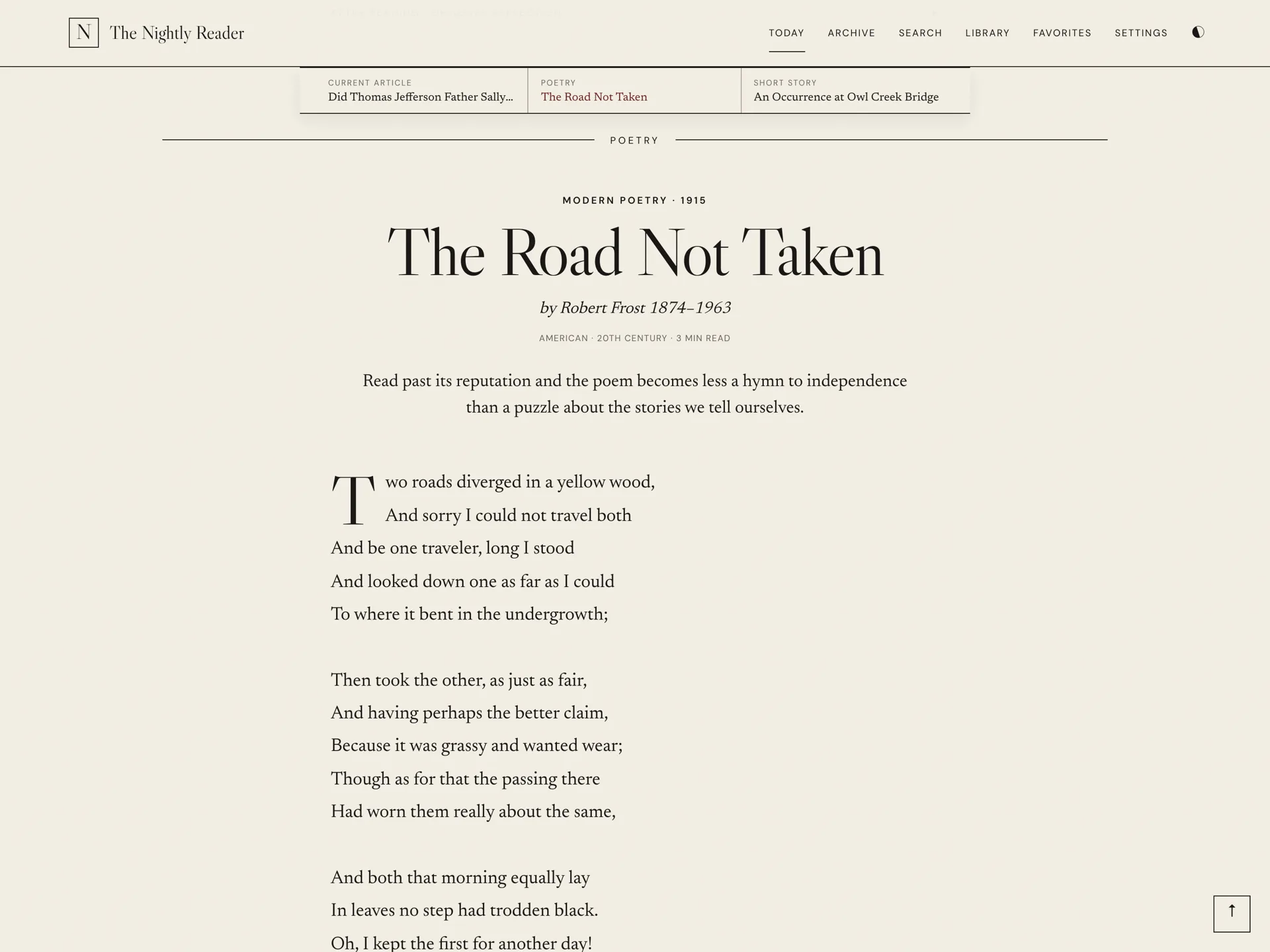 The Nightly Reader reading page for The Road Not Taken by Robert Frost