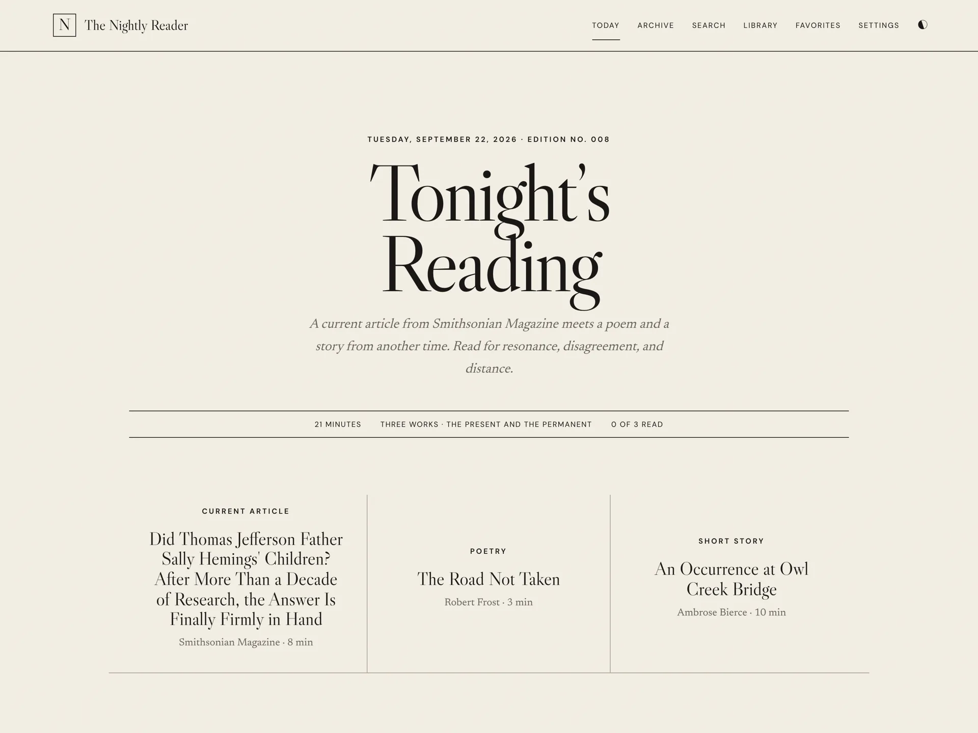 The Nightly Reader front page: tonight's article, poem, and short story