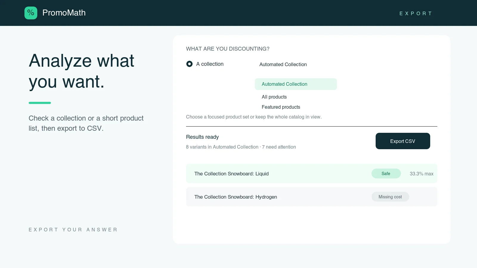 PromoMath scope picker with a collection selected from a dropdown, a results summary, and an Export CSV button