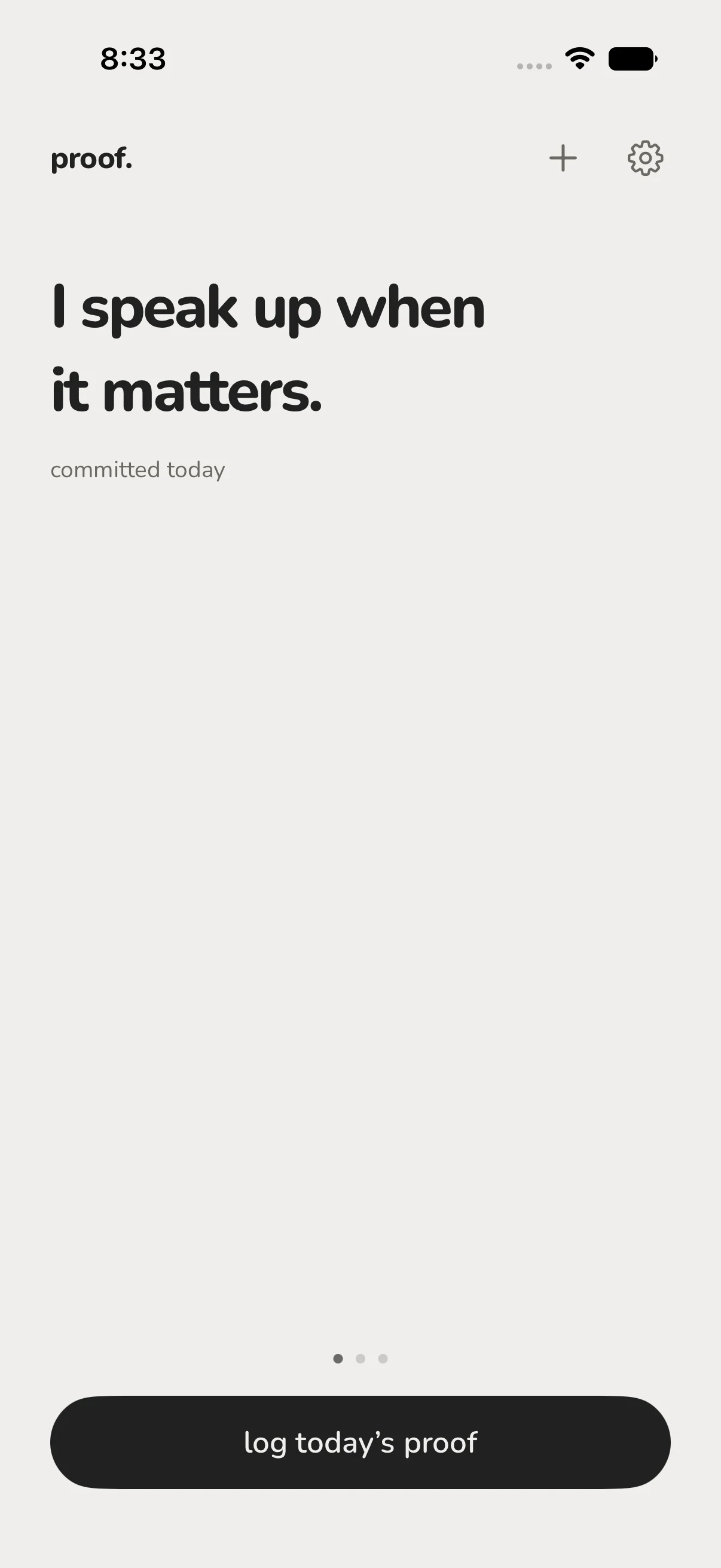 Proof home screen showing today's belief