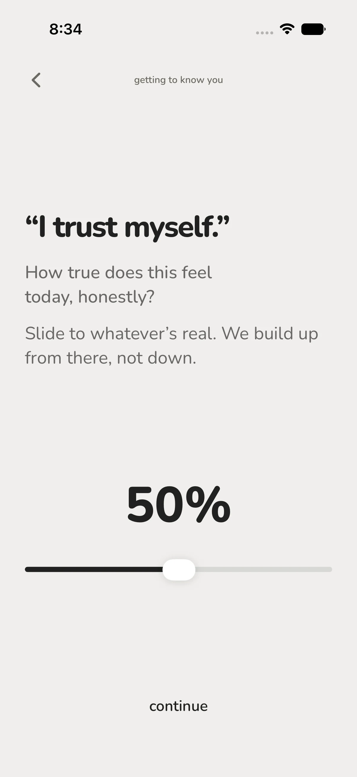 Proof onboarding screen for adjusting how believable a statement feels