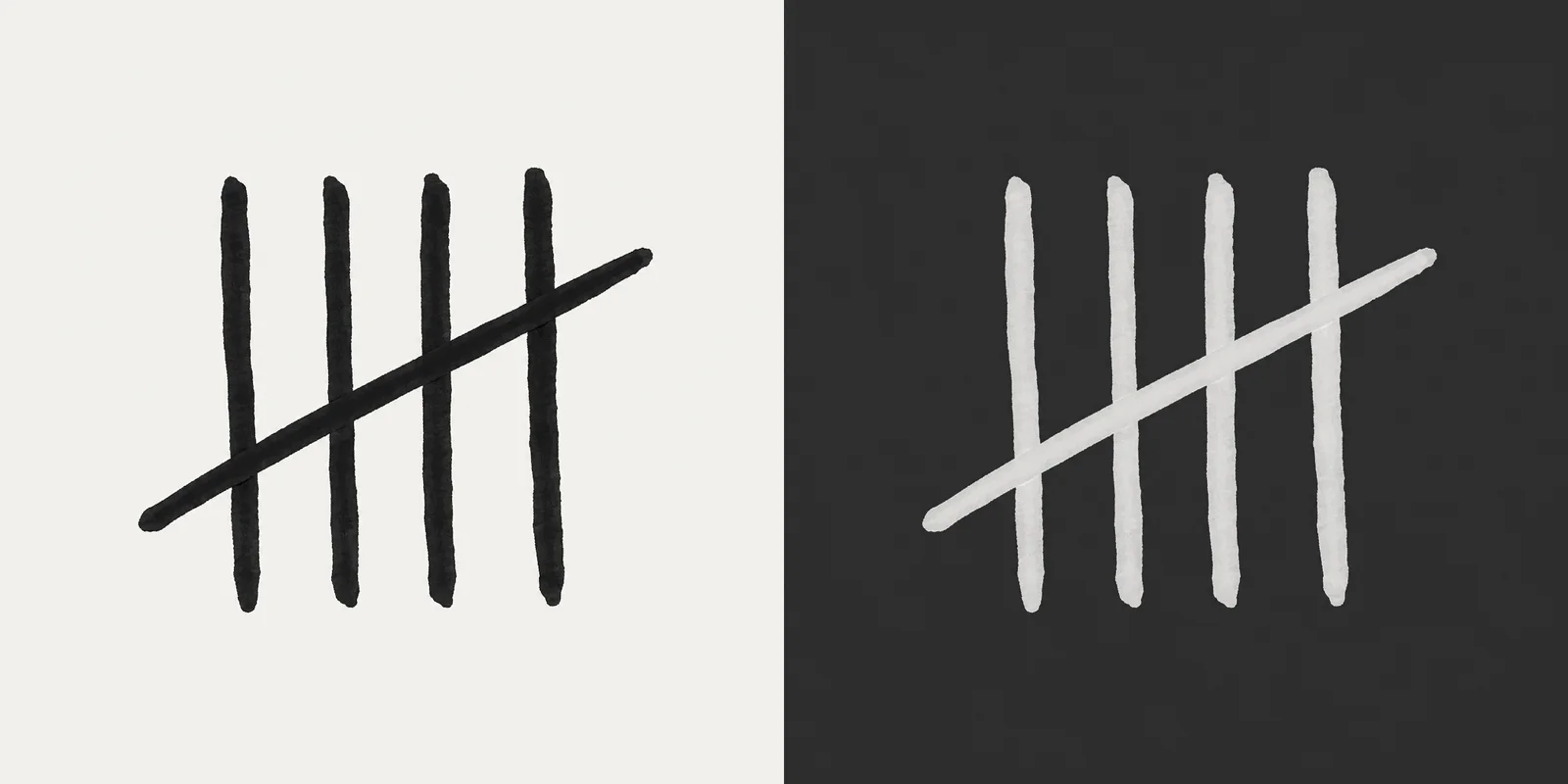 Proof app icon in light and dark: four hand-drawn tally marks with a fifth mark striking through them