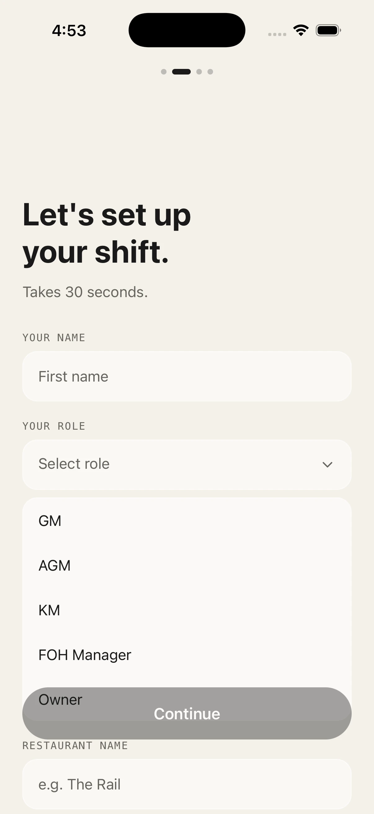 Shift Manager onboarding asking for name, role, and restaurant