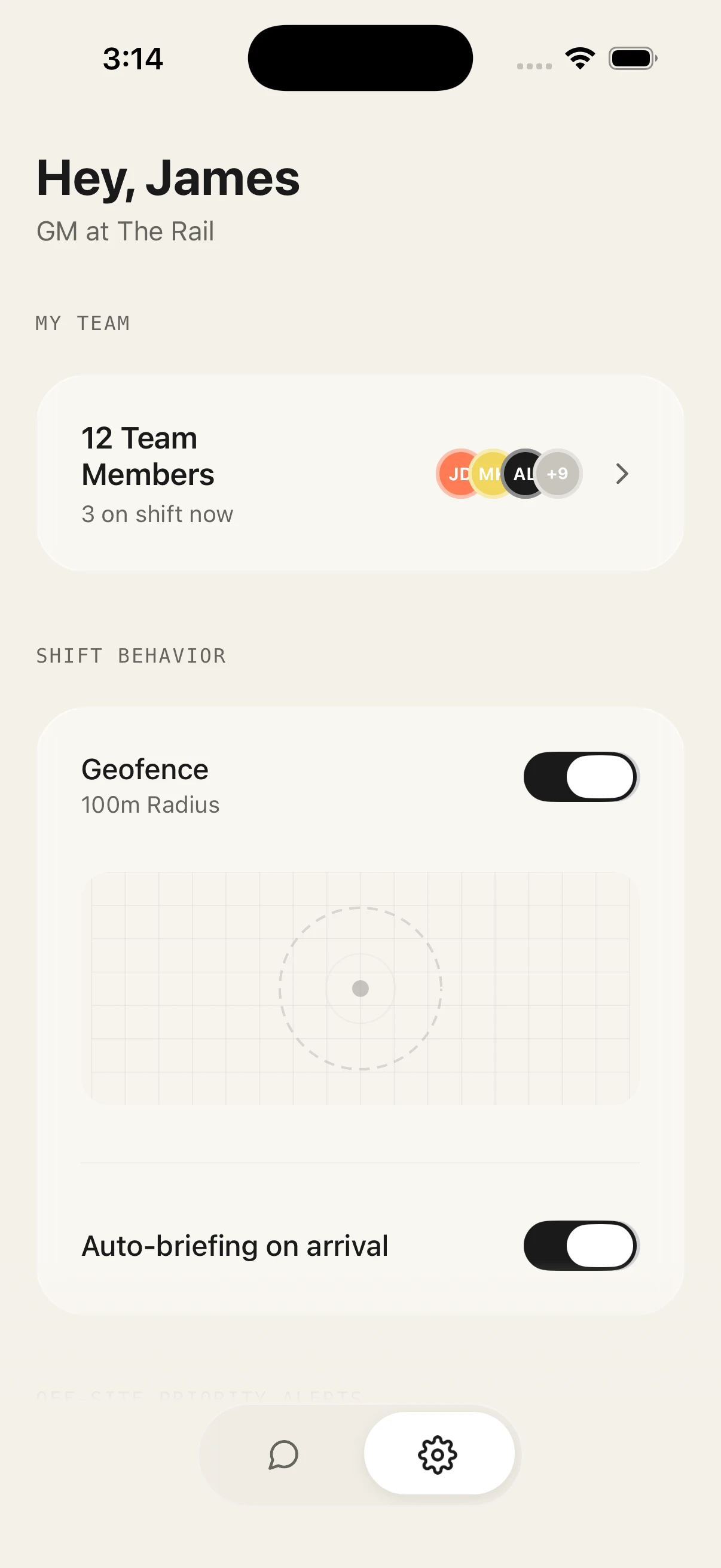 Shift Manager settings with team, geofence, and auto-briefing on arrival