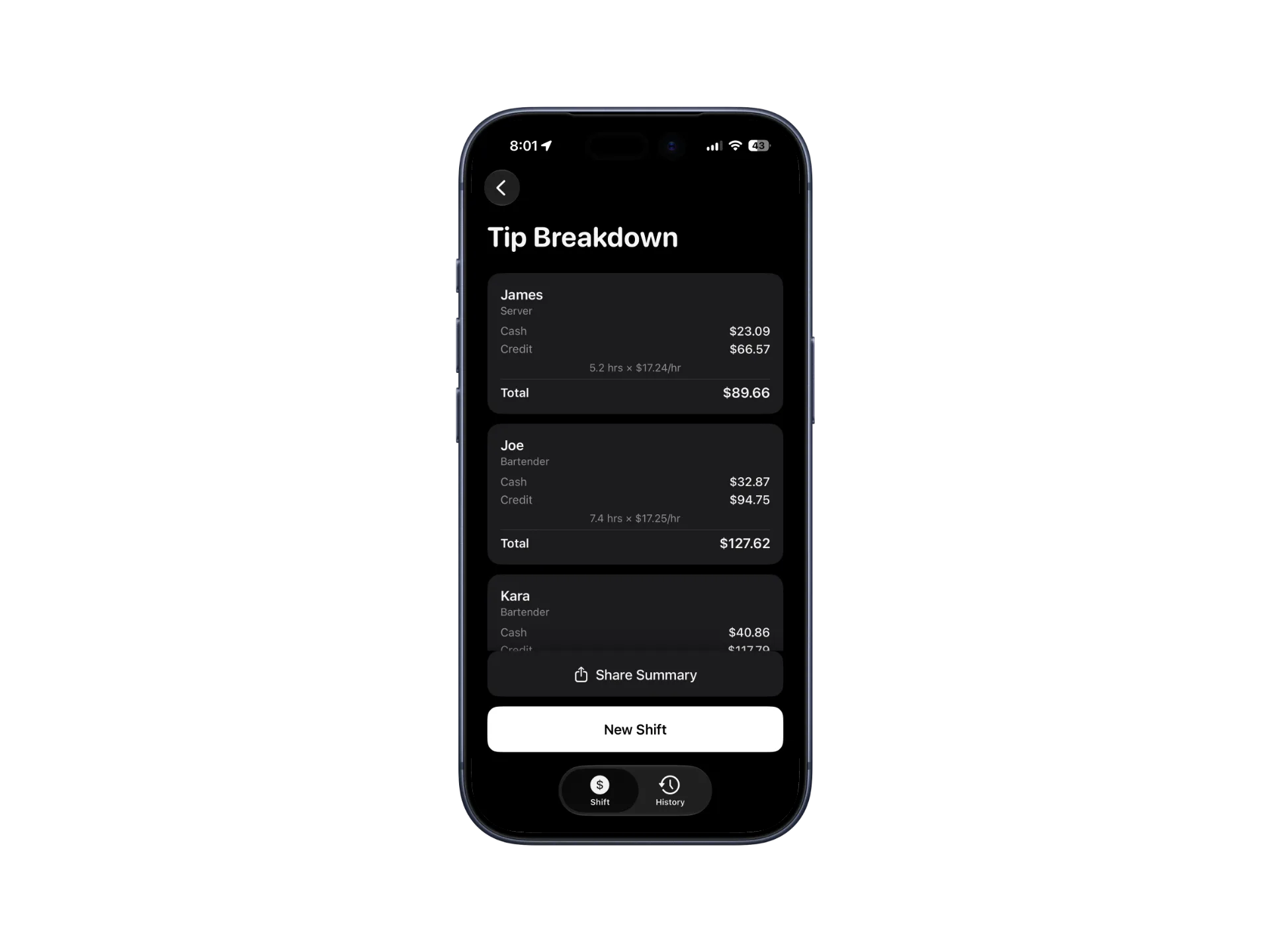 Tip Out breakdown showing each person's share