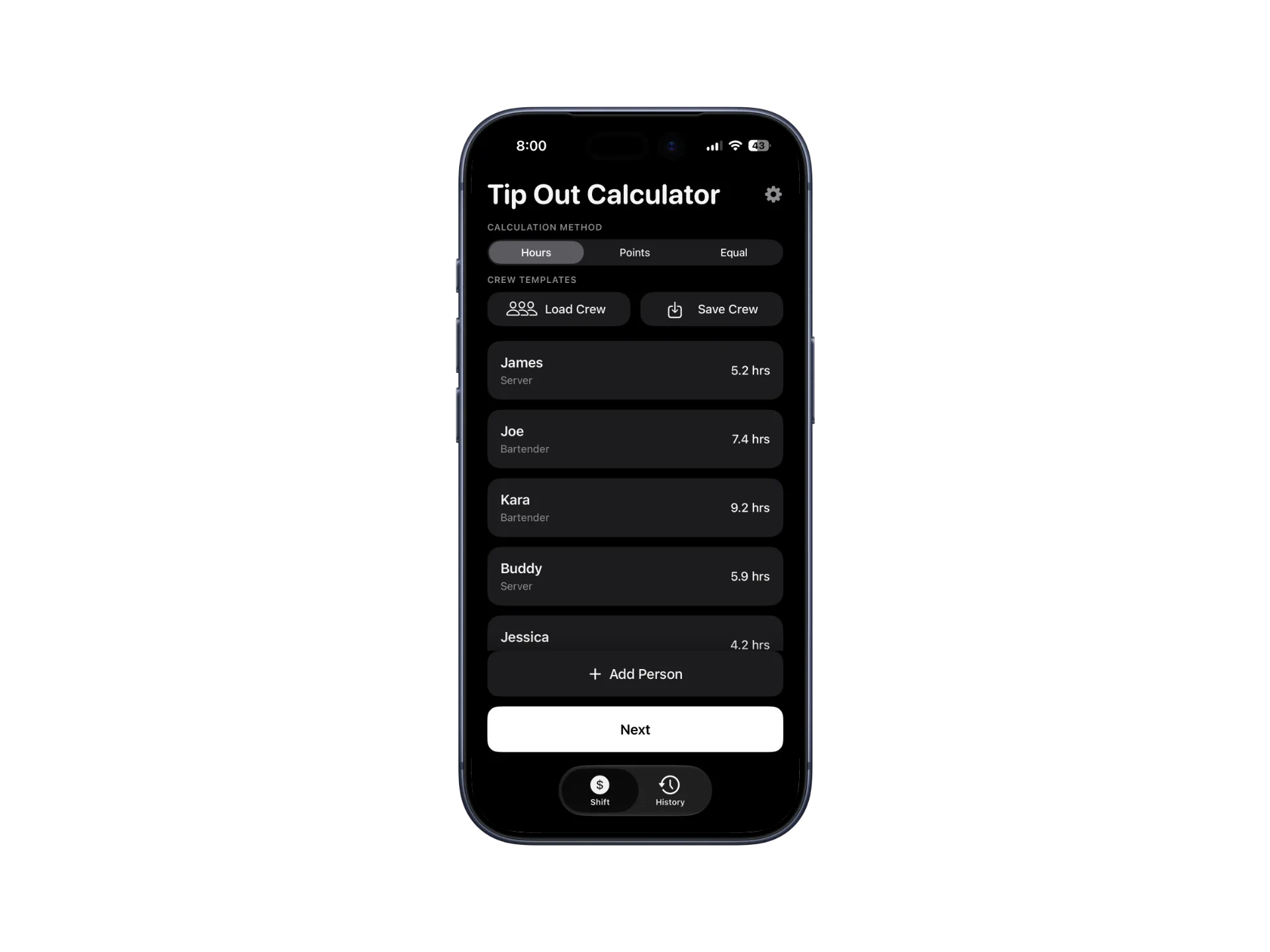 Tip Out crew screen with staff names, roles, and hours