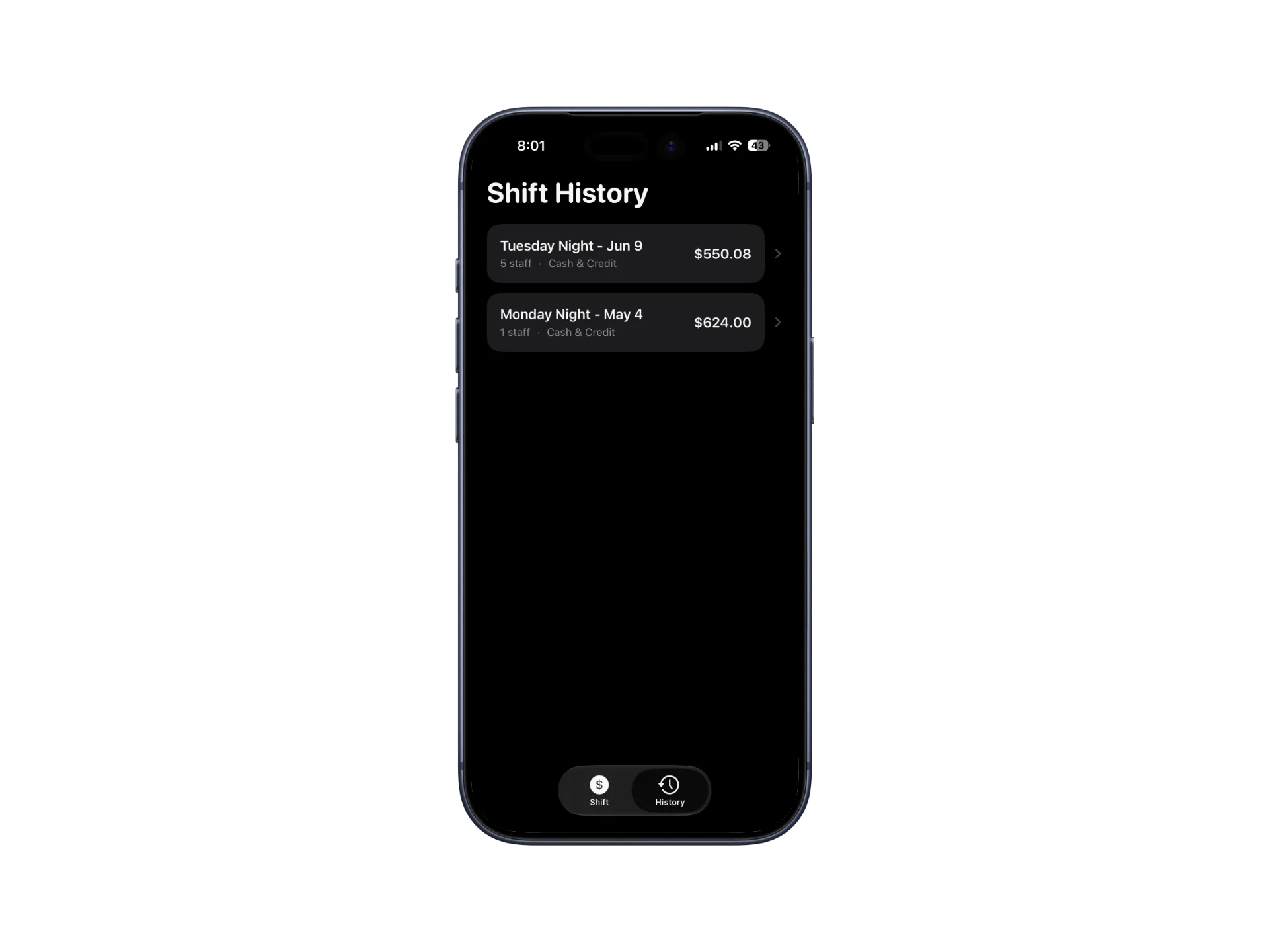 Tip Out saved shift history