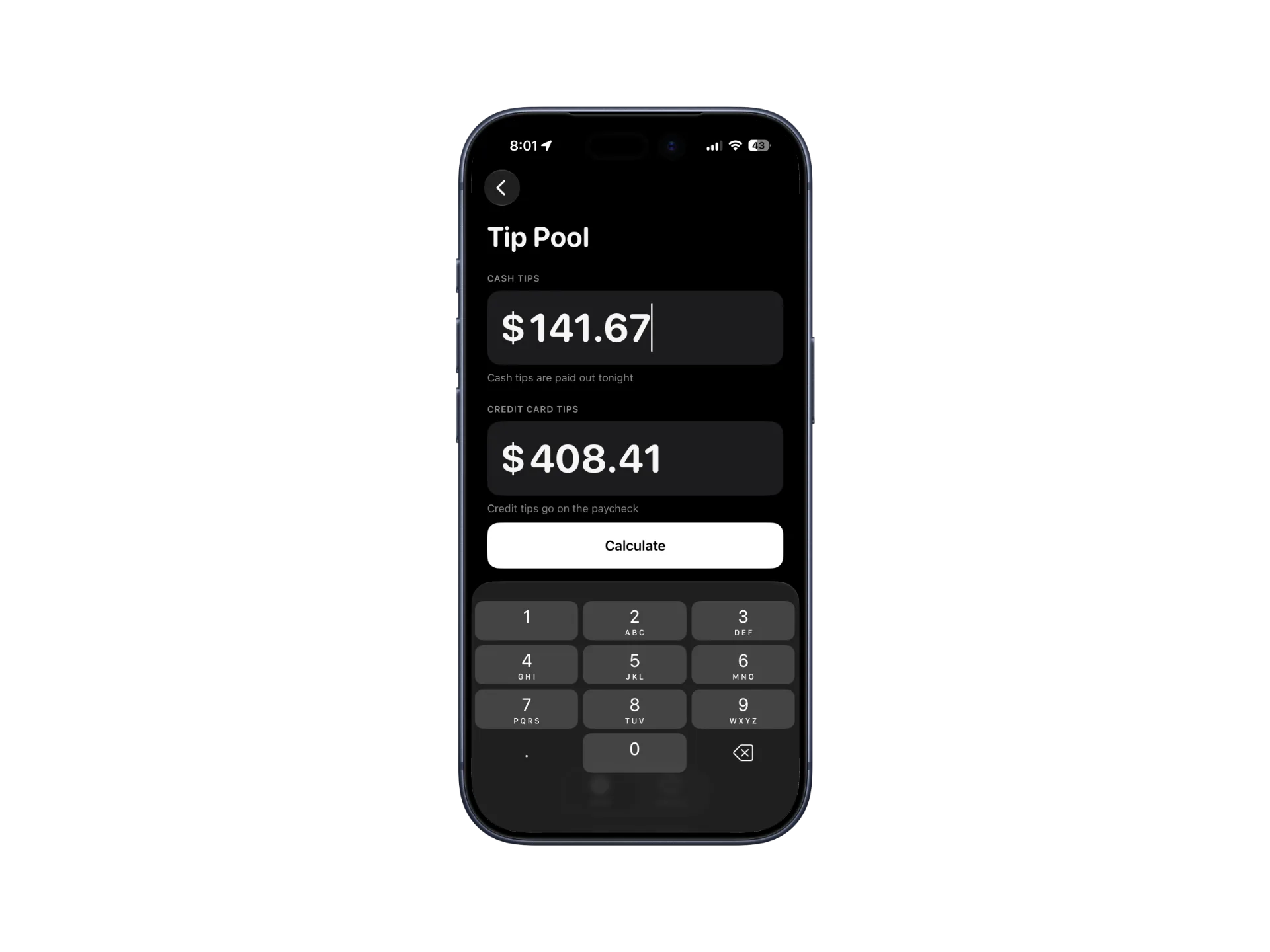 Tip Out tip pool entry for cash and credit tips
