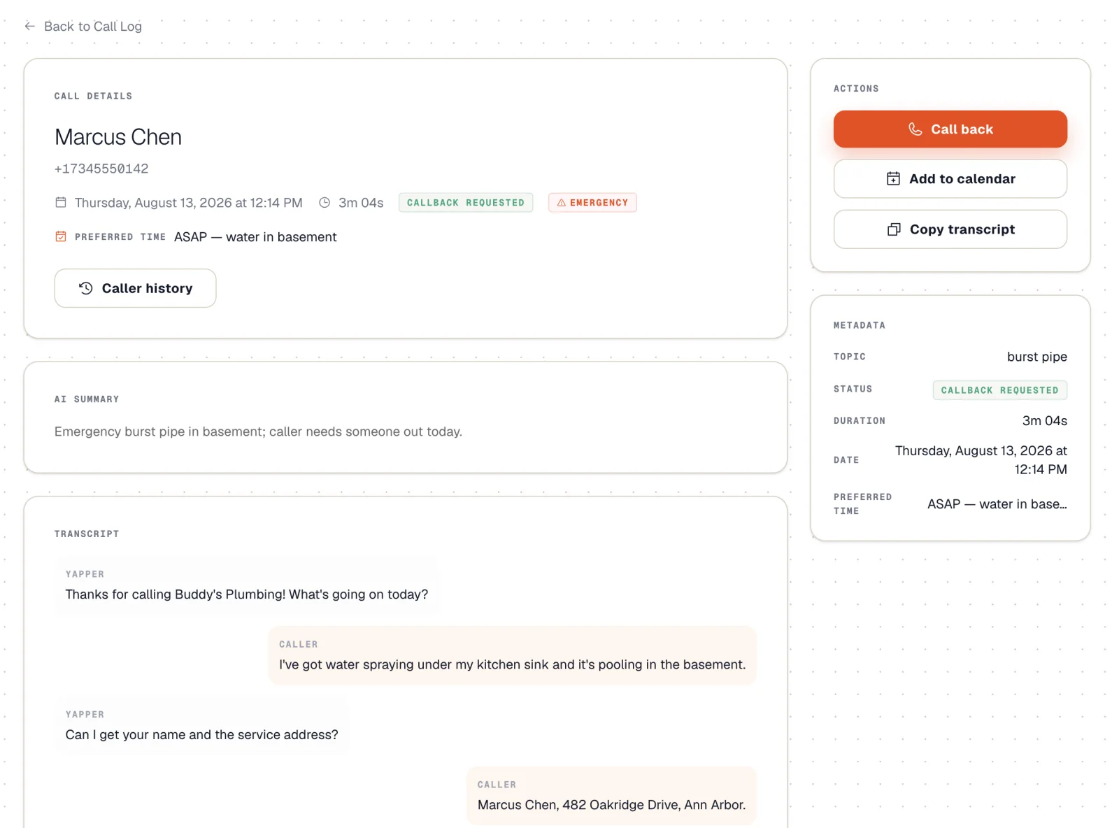 Yapper call summary and transcript
