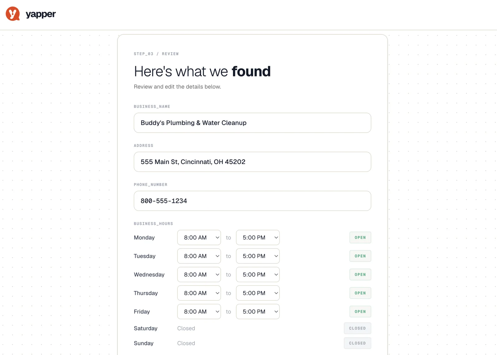 Yapper onboarding review screen with editable business information and hours