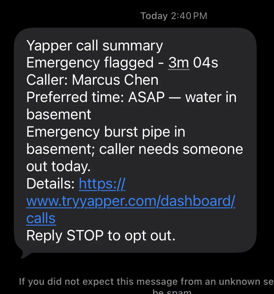 A Yapper SMS summary for a fictional emergency plumbing call